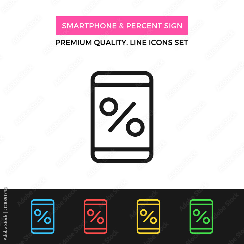 Vector smartphone and percent sign icon. Thin line icon Vector smartphone and percent sign icon. Thin line icon