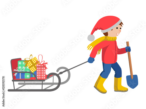 Little boy in winter clothes pulling a sled, cartoon style vector illustration isolated on white background.