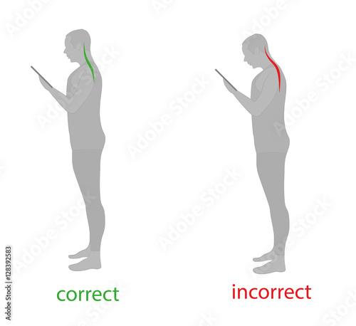 correct and incorrect posture while working (playing) with a smartphone (tablet). vector illustration.