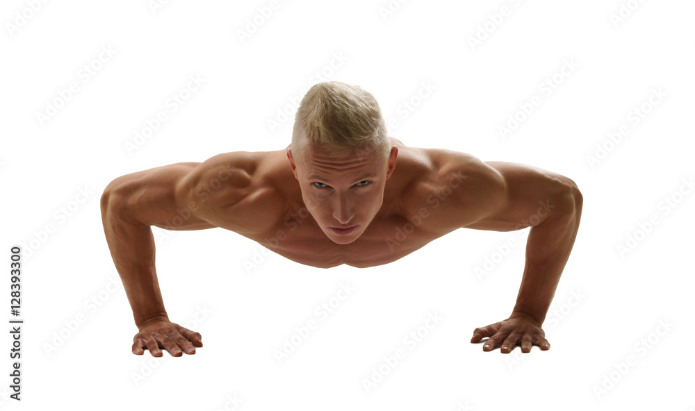 Naked bodybuilder posing while doing push-ups Naked bodybuilder posing while doing push-ups