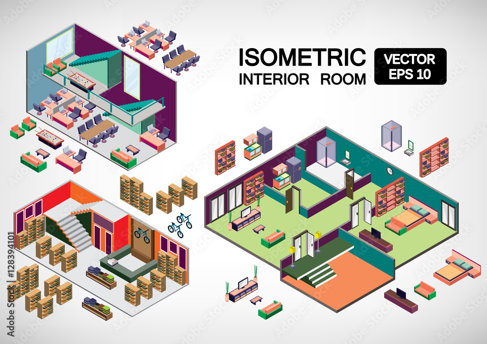 illustration of infographic interior room concept in 3d isometric graphic