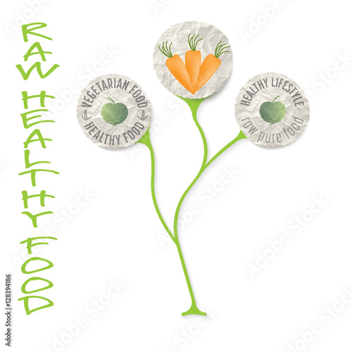 Three icons for theme raw food and the words healthy raw food