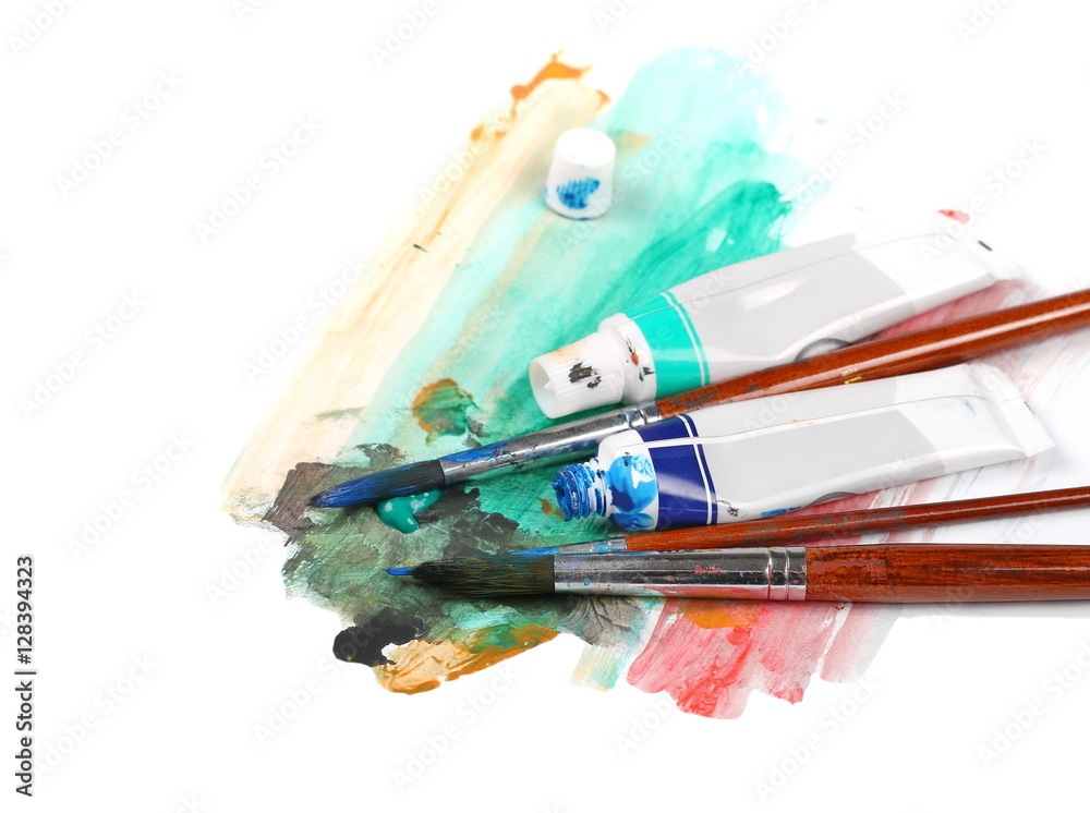 Obraz premium brush, tubes of paint and scratch isolated on white