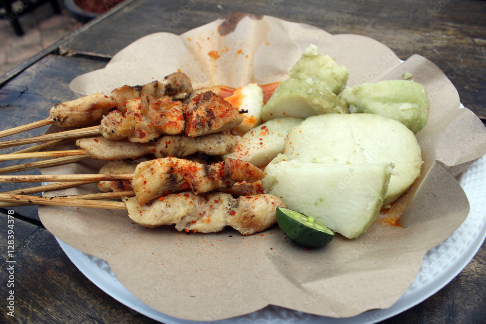Traditional Indonesian chicken sate taican snacks fast food roasted chilli sauce Traditional Indonesian chicken sate taican snacks fast food roasted chilli sauce