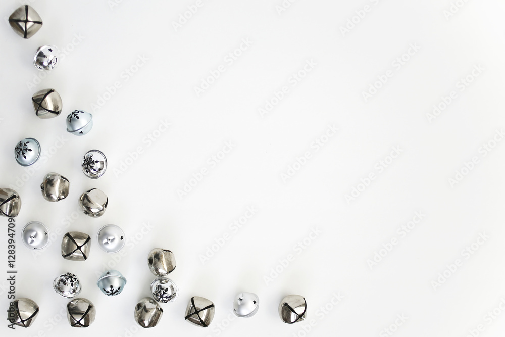 Blue and Silver Christmas Bells Flat lay composition for bloggers, magazines, social media and artists. Top view. Blue and Silver Christmas Bells Flat lay composition for bloggers, magazines, social media and artists. Top view.