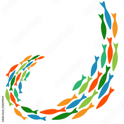 Shoal of colorful fish taking a swirl, vector illustration.