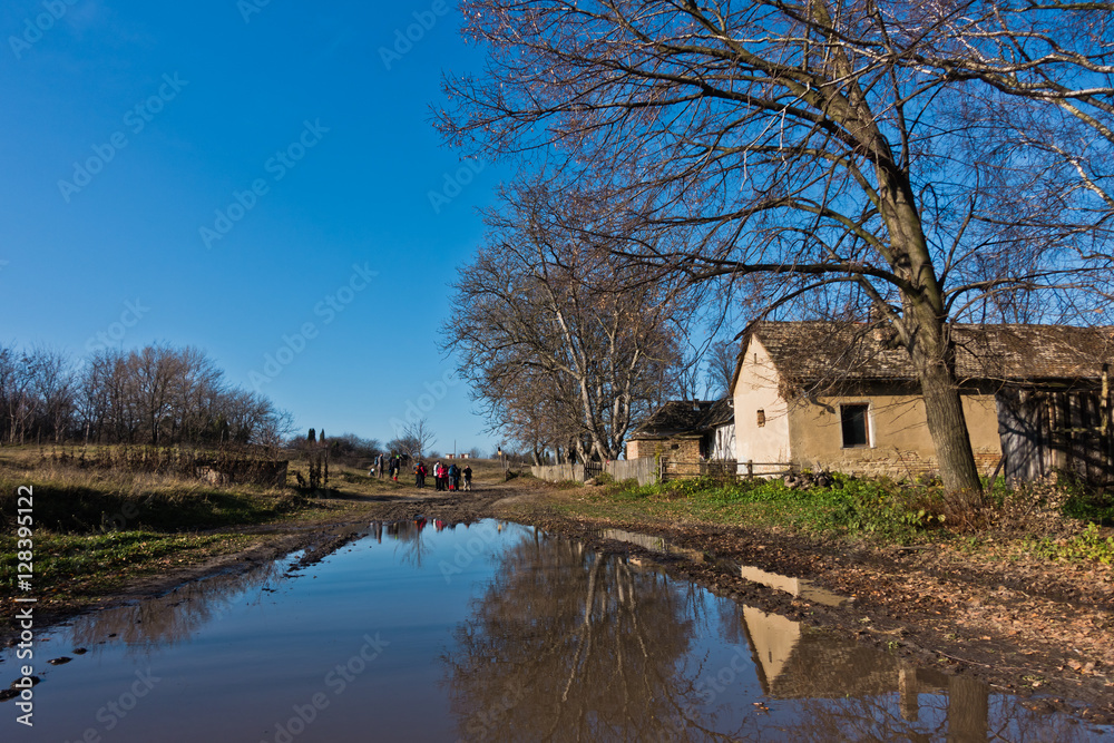 Small pond on a trekking path at rural countryside of Deliblatska pescara, Serbia