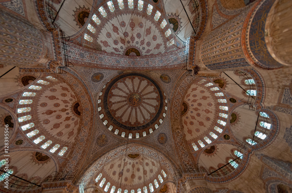 Ceiling and central dome of the Blue Mosque, Sultan Ahmet district, Istanbul, Turkey