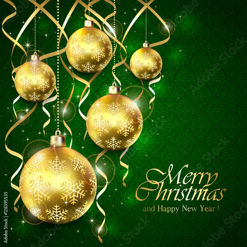 Green Christmas background with balls and golden tinsel