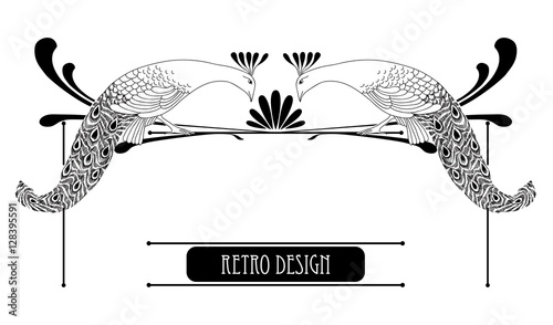 Vector illustration of hand drawn vintage peacock with lines isolated on white background. Horizontal vignette in Art Nouveau or Modern style for decoration. Retro design with bird in line art decor.