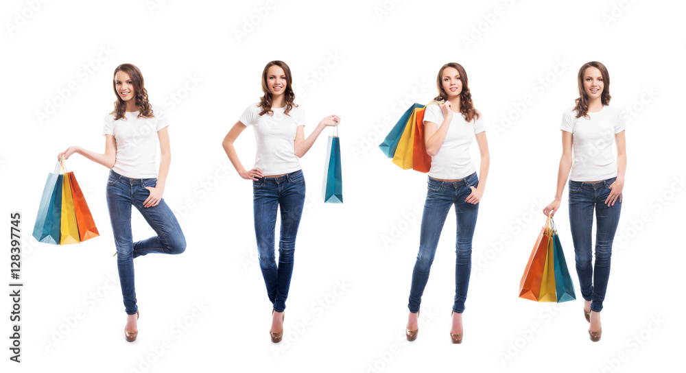 Fototapeta premium Teenage girls with shopping bags on white