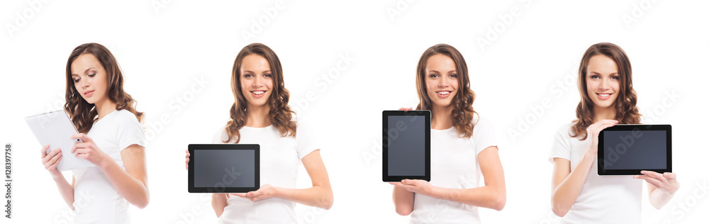 Teenage girls with tablets on white Teenage girls with tablets on white