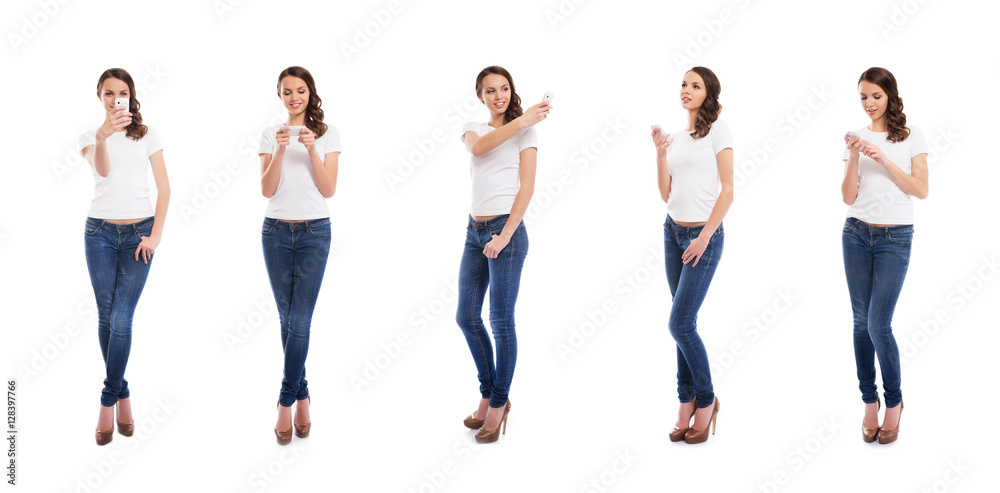 Obraz premium Teenage girls with smartphones on white