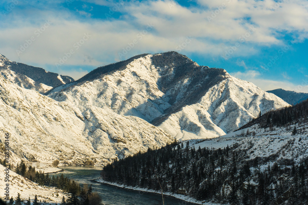 Mountain river Katun, Altai, Russia. A winter scenic.