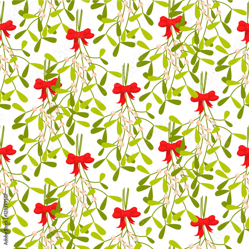 Mistletoe branches seamless vector pattern. Traditional plant tied with red bow. Green dense leaves on white background.