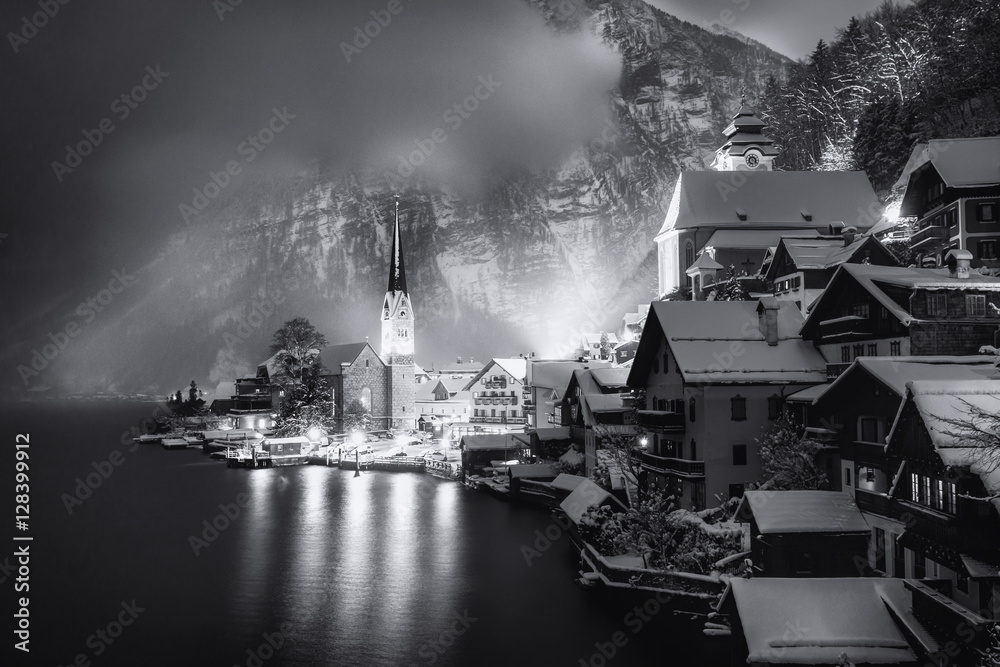 Winter View of Hallstatt, traditional austrian wood village, UNESCO world culture heritage site. Christmas view. B/W edition.