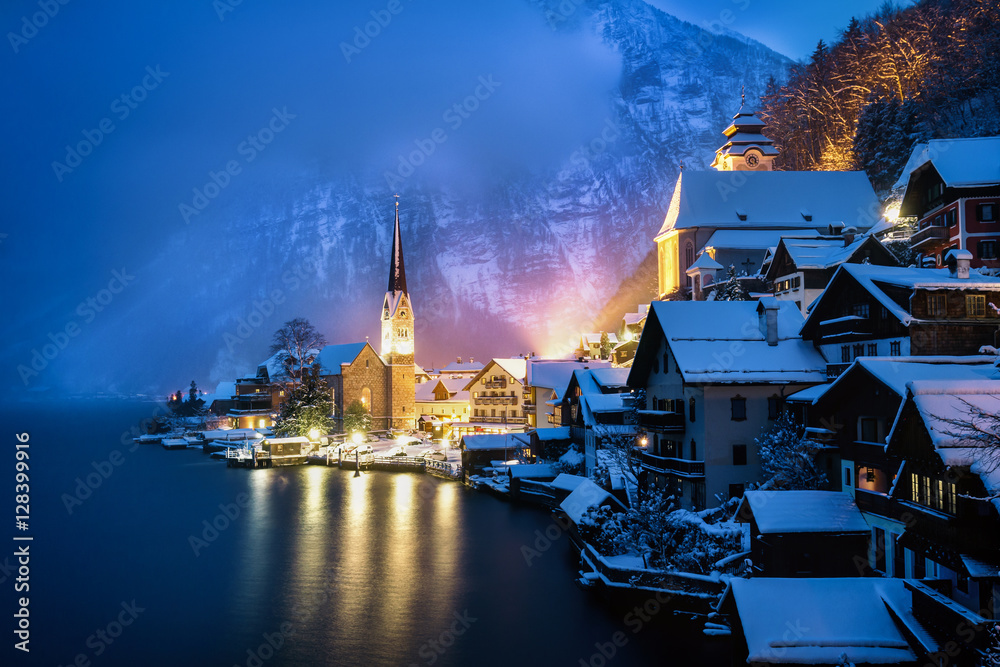 Winter View of Hallstatt, traditional austrian wood village, UNESCO world culture heritage site. Christmas view.