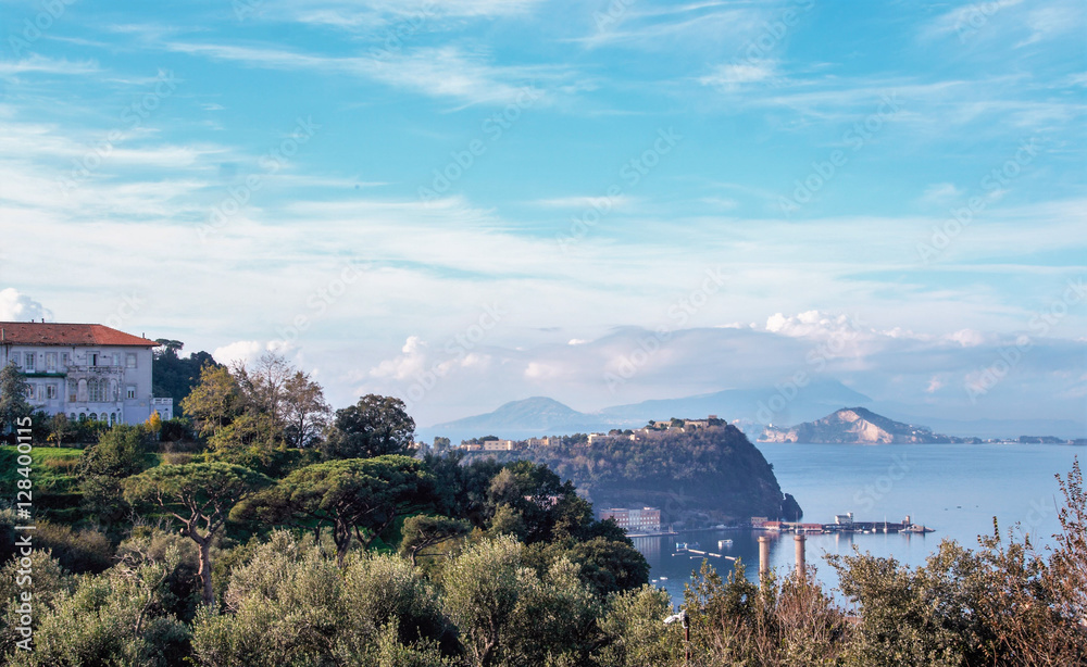 Landscape of Posillipo, Naples gulf, with Nisida island, and Capo Miseno, Naples, Italy 
