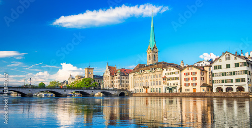 Historic Zürich city center with famous Fraumünster Church and Limmat river, Switzerland