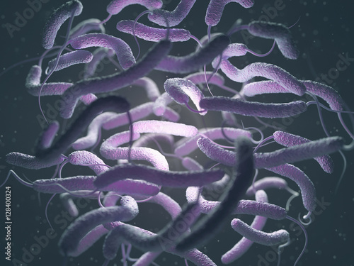 Vibrio Cholerae Bacteria, Gram-negative. 3D illustration of bacteria with flagella.