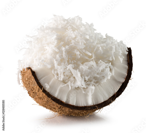 coconut with coconut flakes isolated on the white background