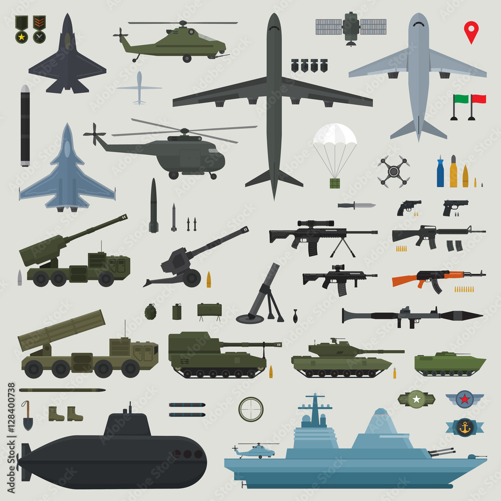 Military weapons of Army naval and air force - vector illustrati