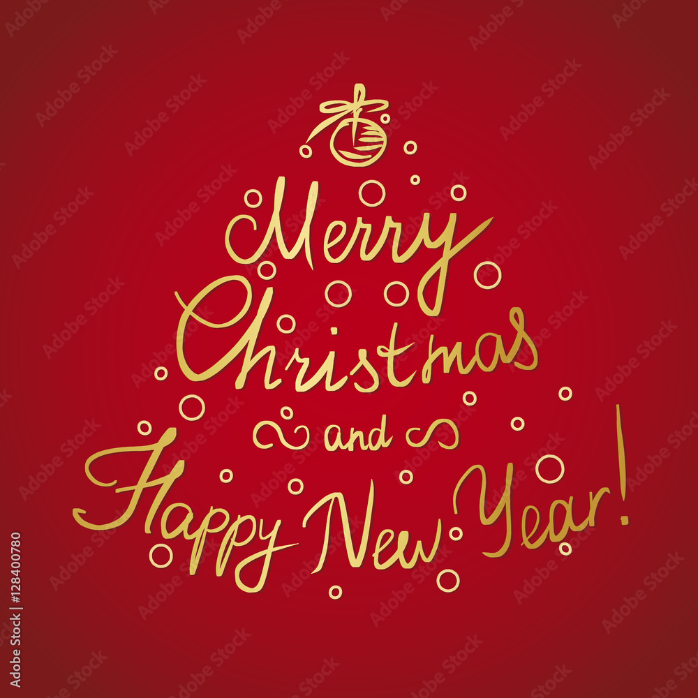 Merry Christmas and happy new year handmade lettering golden inscription with swirls and xmas tree decoration and ornaments isolated on red background. Xmas decoration for greeting card