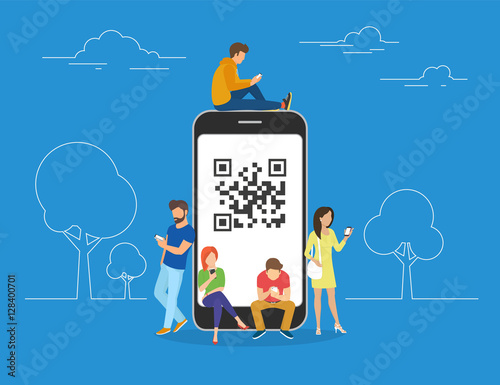 QR code concept illustration of young people scanning barcode using mobile smartphone for online shopping and payment. Flat young men and women standing near big smartphone with qr symbol on screen