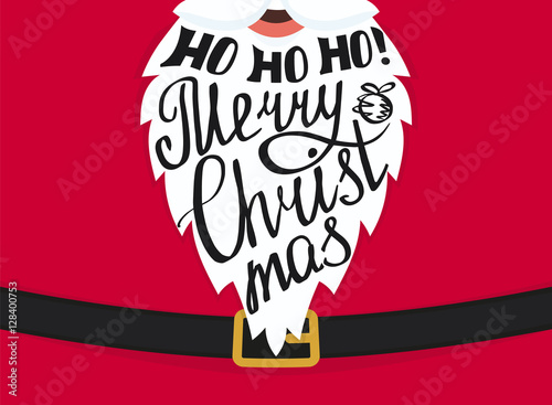Ho ho ho Merry Christmas handmade lettering on the Santa Claus white beard. Xmas greeting card template landscape design. Handwritten inscription with swirls and ornaments