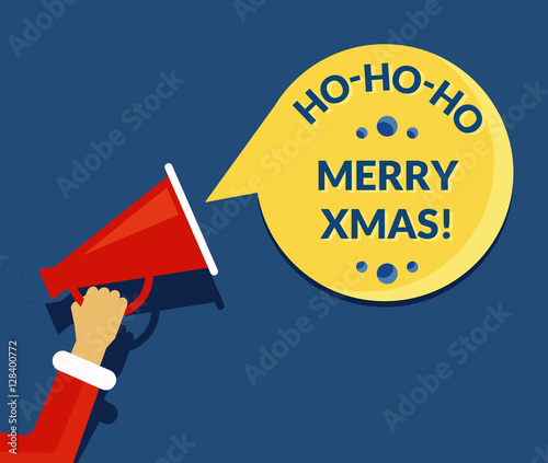 Merry xmas speech bubble from megaphone banner for social networks. Flat illustration of human hand holds red megaphone with christmas stylized speech bubble. Template design