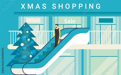 Christmas shopping mall concept illustration of happy consumer on escalator in supermarket or store. Flat blue design for winter season sale and retail xmas advertising