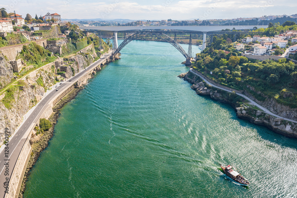 Porto bridge aerial river with a boat ship tourist panorama