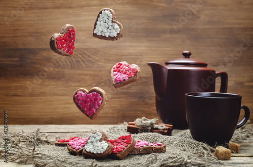 Flying cookies in the forms of hearts