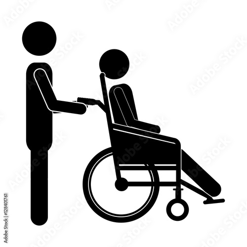 silhouette person helping another push a reclining wheelchair vector illustration