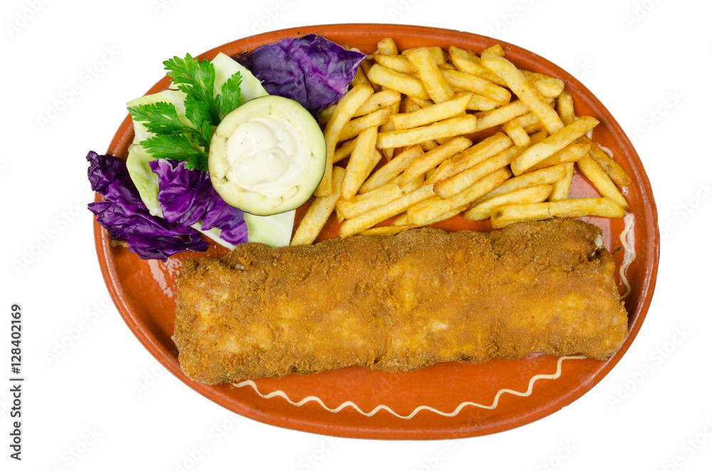 rolled stuffed fried pork decorated with salad and french fries rolled stuffed fried pork decorated with salad and french fries
