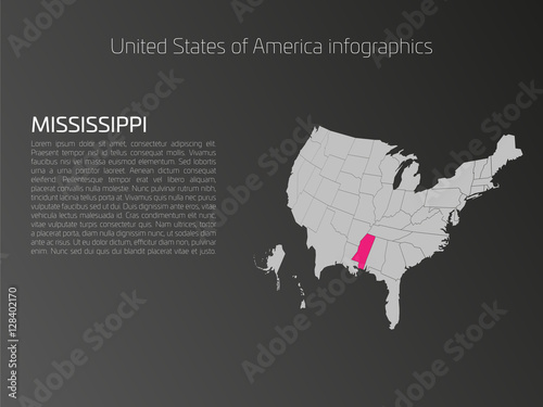 United States of America, aka USA or US, map infographics template. 3D perspective dark theme with pink highlighted Mississippi, state name and text area on the left side.