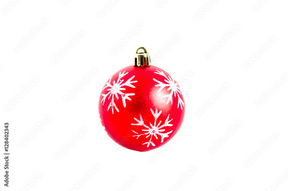 Christmas tree red ball with snowdrops isolated on white backgro Christmas tree red ball with snowdrops isolated on white backgro