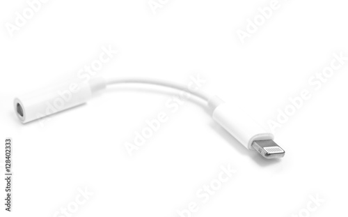 Lightning to jack 3.5mm headphone adapter isolated on white back