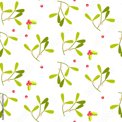 Mistletoe leaves seamless vector pattern. Christmas decor green plant on white background.