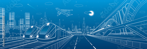 Fototapeta Automobile highway, infrastructure and transportation panorama, airplane fly, train move on the bridge, two locomotives in depot, night city, towers and skyscrapers, urban scene, vector design art