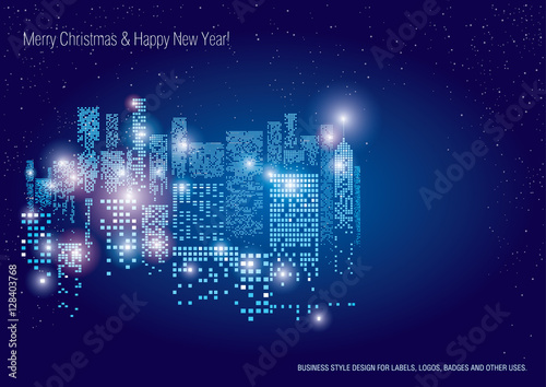 City Lights. New Year Vector illustration of city with lighting windows, and in winter time. Holidays concept.