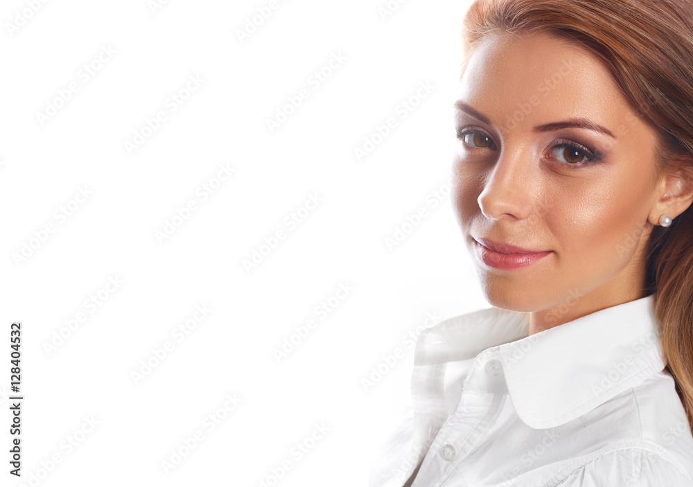 Business woman portrait isolated over a white background. Nice businesswoman smiling and looking at camera. Business woman portrait isolated over a white background. Nice businesswoman smiling and looking at camera.