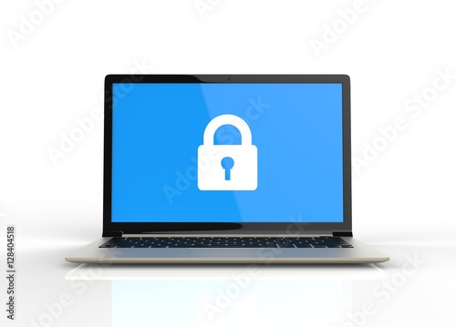 3D Isolated Blue Laptop Padlock Password Lock. Safe Safety Priva