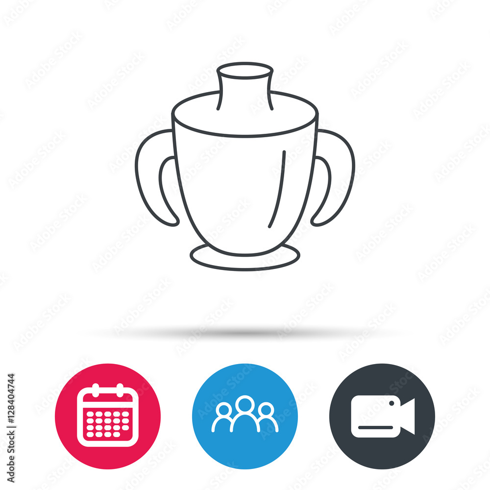 Obraz premium Toddler spout cup icon. Baby mug sign. Flip top feeding bottle symbol. Group of people, video cam and calendar icons. Vector