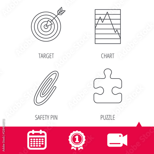 Achievement and video cam signs. Puzzle, graph charts and target icons. Safety pin linear sign. Calendar icon. Vector