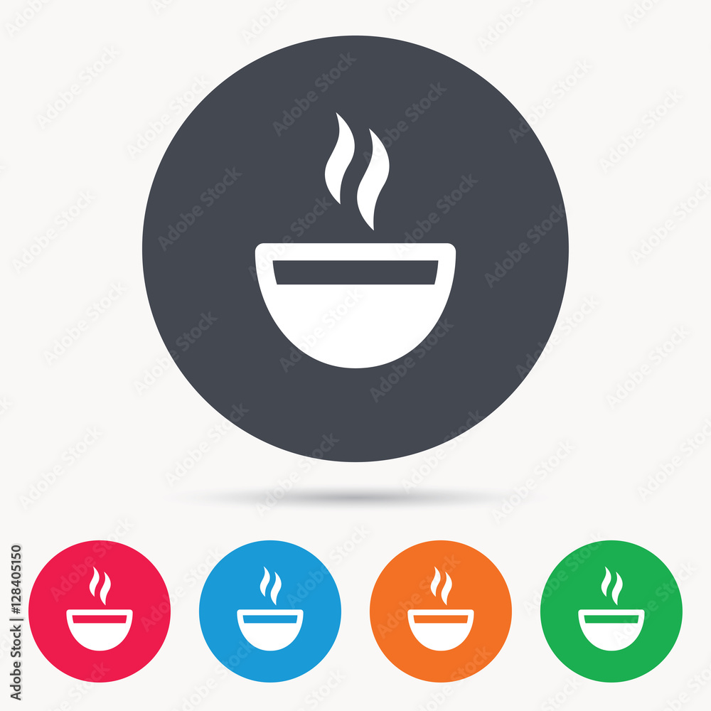Coffee cup icon. Hot tea drink symbol. Colored circle buttons with flat web icon. Vector Coffee cup icon. Hot tea drink symbol. Colored circle buttons with flat web icon. Vector