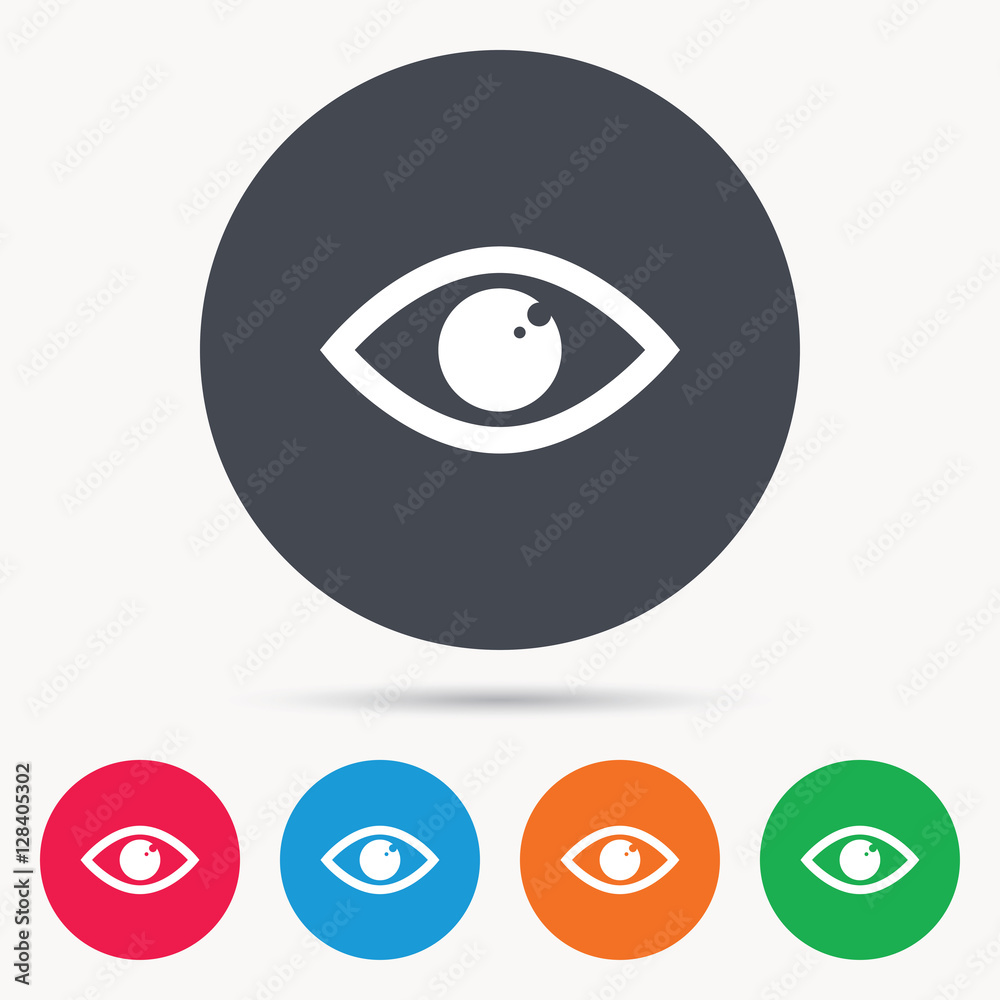 Eye icon. Eyeball vision symbol. Colored circle buttons with flat web icon. Vector Eye icon. Eyeball vision symbol. Colored circle buttons with flat web icon. Vector