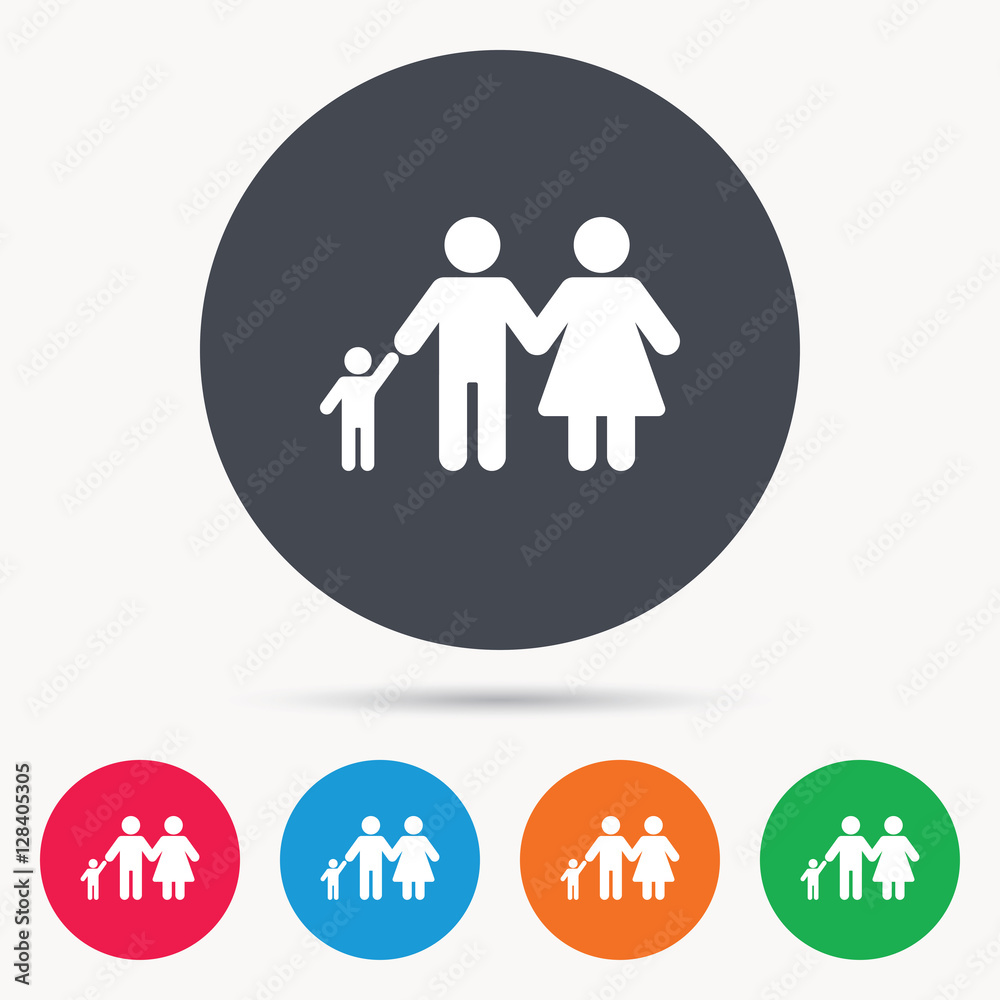 Family icon. Father, mother and child symbol. Colored circle buttons with flat web icon. Vector Family icon. Father, mother and child symbol. Colored circle buttons with flat web icon. Vector