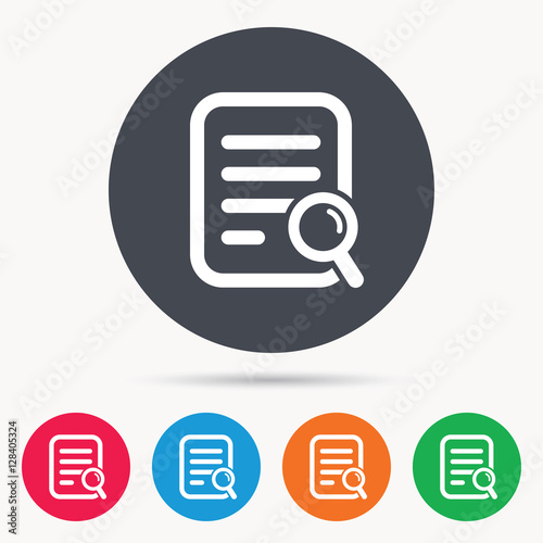 File search icon. Document page with magnifier tool symbol. Colored circle buttons with flat web icon. Vector