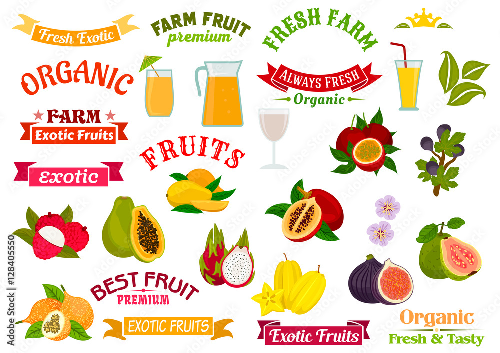 Fruit juice signs. Juicy fresh fruits icons set